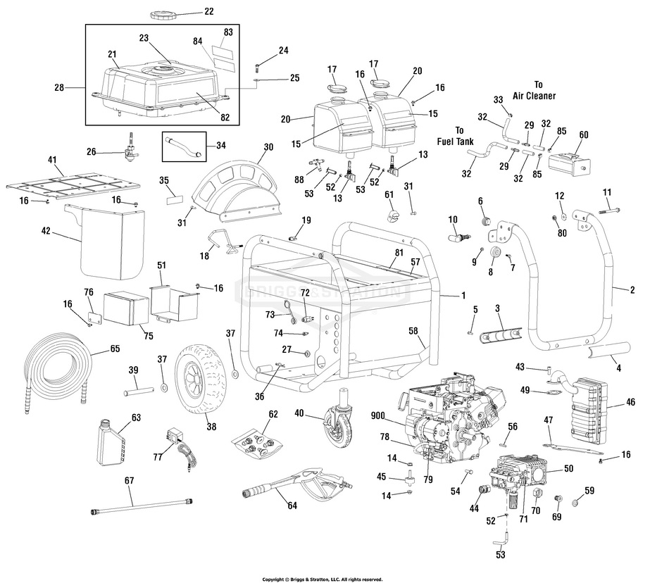 Briggs & Stratton pressure washer model 020542-00 replacement parts, pump breakdown, repair kits, owners manual and upgrade pump.